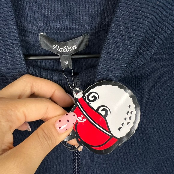 NEW Malbon Golf 1/4 Zip Navy Blue Sweater Knit Top Logo Men's Size  M - Picture 10 of 11